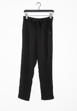 Black, wide-leg trousers with a tie belt at the waist, featuring two side pockets and a smooth texture. Hangs on a black hanger.