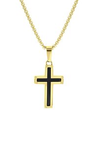 Gouden ketting met een zwart geëmailleerd kruis hangertje, met een gepolijste afwerking en hardware accenten, ontworpen in een klassieke vorm.