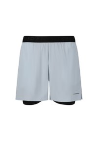 Hellblaue Laufshorts mit einem schwarzen elastischen Bund. Verfügt über eine innere Schicht und Schlitze an den Seiten für mehr Bewegungsfreiheit und Komfort.