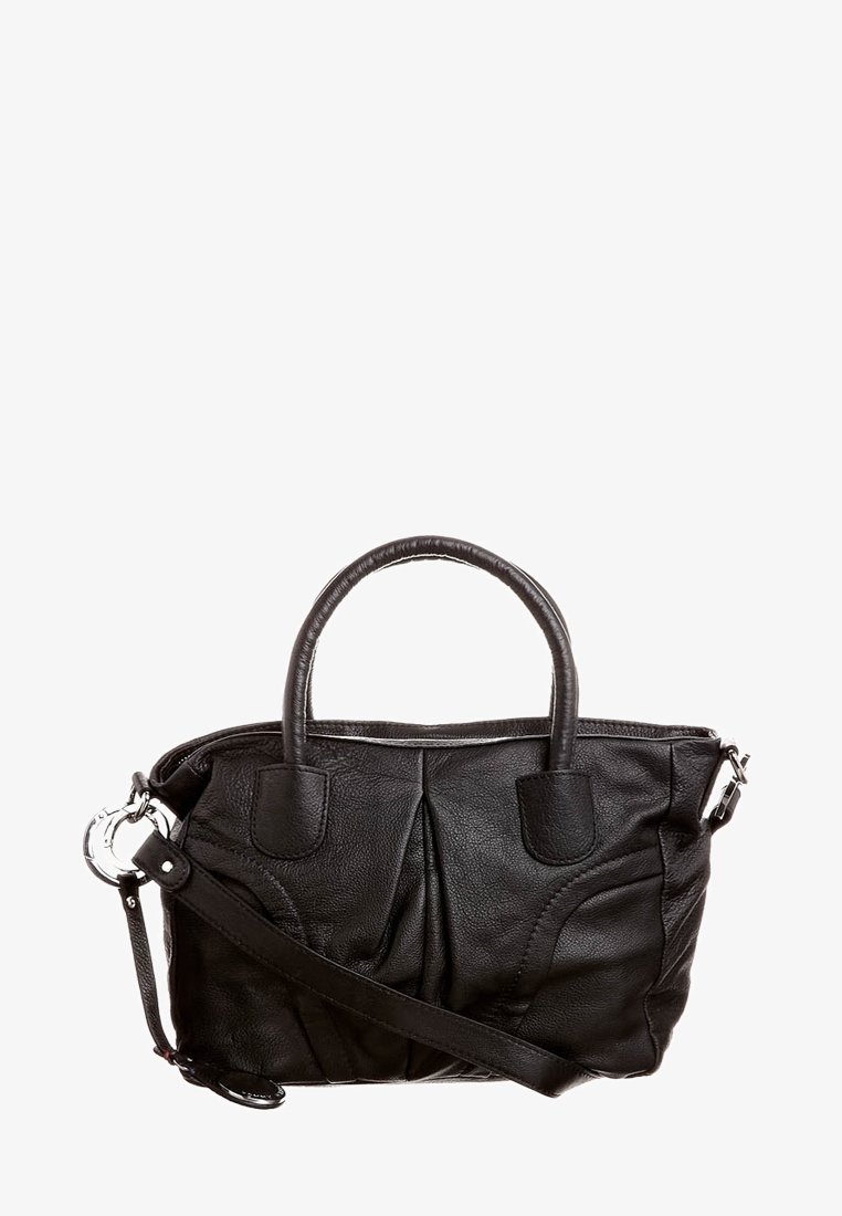 Sac à main en cuir noir avec double poignées supérieures, bandoulière amovible et ferrures argentées sur fond blanc.
