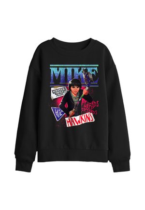Black sweatshirt with graphic of a boy holding a bat, text "MIKE," "Stranger Things," "Hawkins," and "Friends Help Friends."