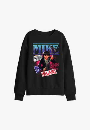Black sweatshirt with graphic of a boy holding a bat, text "MIKE," "Stranger Things," "Hawkins," and "Friends Help Friends."