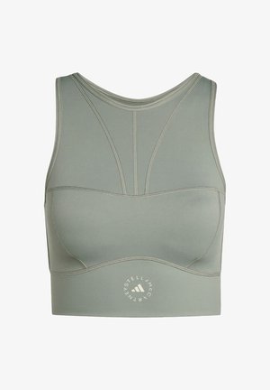 Sports bra in muted green, made of smooth stretch fabric. Features a scoop neckline, racerback design, and logo print on the bottom.