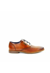 Brązowe skórzane buty eleganckie z siateczkowym wzorem, zawiązywane, z kontrastującym niebieskim wykończeniem i płaską gumową podeszwą.