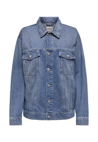 Veste en denim bleu avec col, fermeture boutonnée sur le devant et deux poches poitrine à rabat avec boutons, présentée sur un fond blanc.