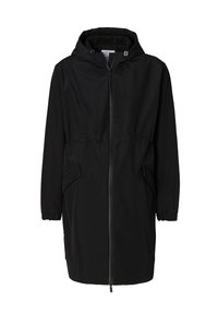 Svart jacka med huva, elastiska ärmslut och justerbar midja. Har en full dragkedja och framfickor för bekvämlighet.