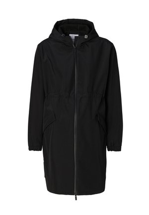 Veste noire avec capuche, poignets élastiques et taille ajustable. Comprend une fermeture éclair intégrale et des poches avant pour plus de commodité.