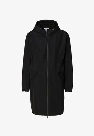 Zwarte jas met capuchon, elastische manchetten en een verstelbare taille. Voorzien van een volledige ritssluiting en voorzakken voor extra gemak.