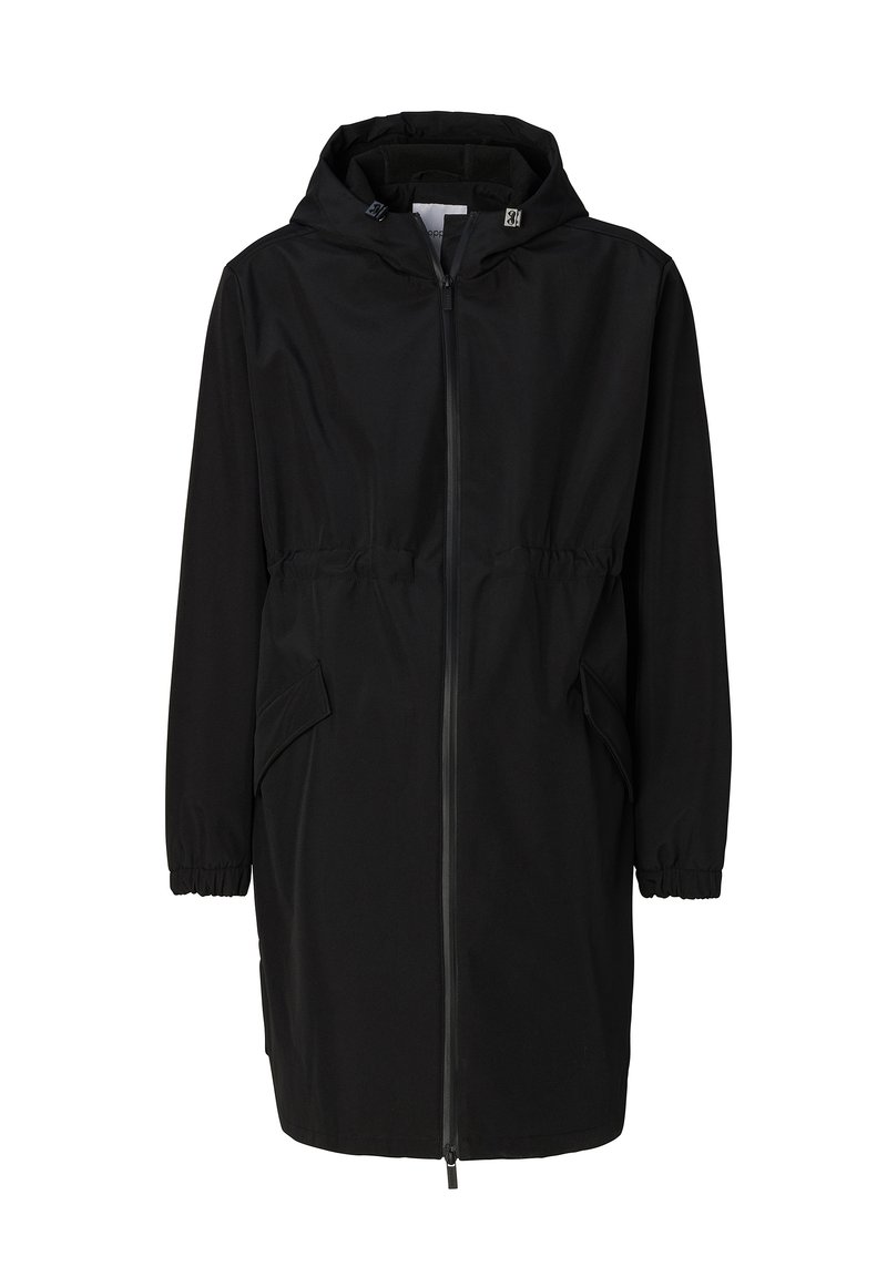 Schwarze Jacke mit Kapuze, elastischen Bündchen und verstellbarem Bund. Verfügt über einen durchgehenden Reißverschluss und Fronttaschen für zusätzlichen Komfort.