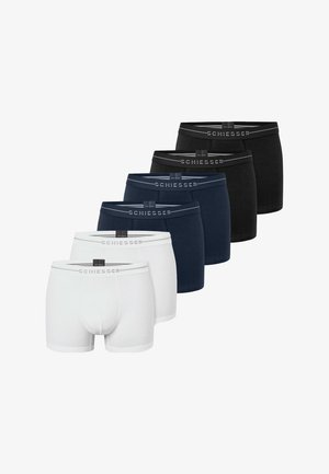 Sechs Paar Herren-Boxershorts in Weiß, Dunkelblau und Schwarz aus weichem Stoff. Jedes Paar verfügt über einen elastischen Bund mit Logo.