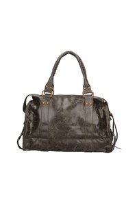 Borsa a mano in pelle grigia con manici intrecciati, hardware in tonalità oro e finitura testurizzata. Presenta cinghie laterali e un ampio scomparto principale.