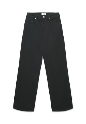 Jeans in denim nero con un design a gamba larga, dotati di chiusura con bottone, due tasche frontali e una texture liscia.