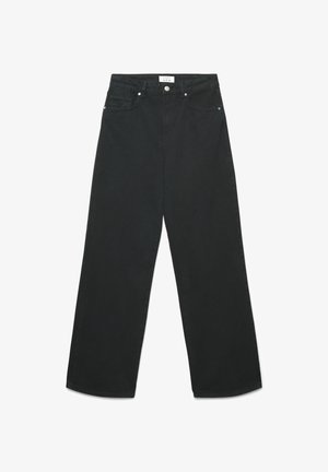 Jeans in denim nero con un design a gamba larga, dotati di chiusura con bottone, due tasche frontali e una texture liscia.