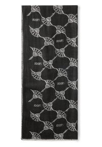Écharpe noire ornée d'un motif floral répété en gris clair, avec le mot "JOOP!" intégré tout au long ; finition avec des bords à franges.