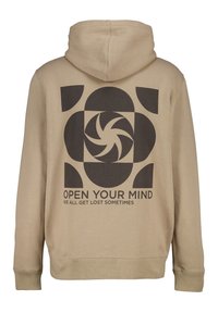 Khaki hooded sweatshirt featuring a bold black spiral and geometric pattern with the text "OPEN YOUR MIND" and "WE ALL GET LOST SOMETIMES."