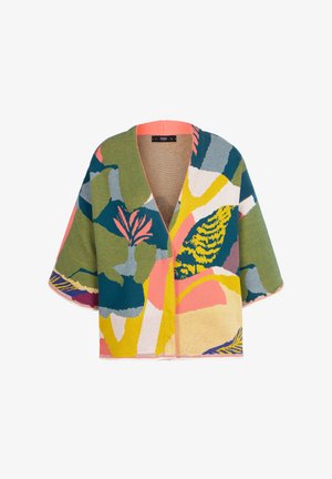 Dažādu krāsu aušanas kardigans ar V veida kakla izgriezumu, īsām piedurknēm, ar abstraktām ziedu un ģeometriskām motīviem zaļā, rozā, dzeltenā un zilā krāsā.