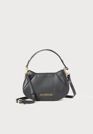 Schwarze Lederschultertasche mit goldener Hardware und "LOVE MOSCHINO"-Logo, mit kurzem Griff und verstellbarem langen Riemen.