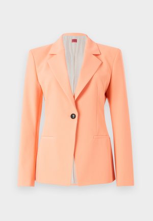 Peach-colored blazer with notch lapels, single front button closure, two side pockets, and a smooth texture. Lined interior.