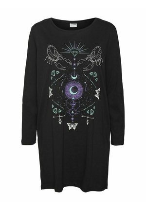 Vestito nero a maniche lunghe con design mistico che presenta due scorpioni, luna crescente, forme a diamante, frecce, farfalle e motivi geometrici.