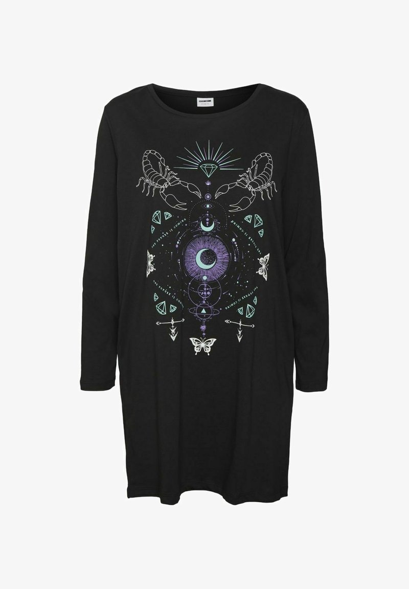 Robe noire à manches longues avec un design mystique comprenant deux scorpions, un croissant de lune, des formes en diamant, des flèches, des papillons et des motifs géométriques.