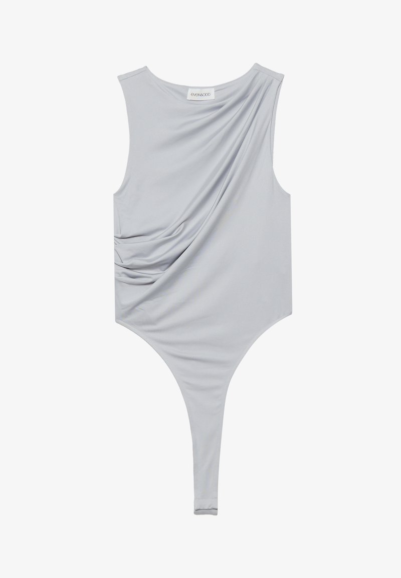 Light gray bodysuit with draped front design, sleeveless cut, and thong back. Made from a smooth, stretchy fabric.