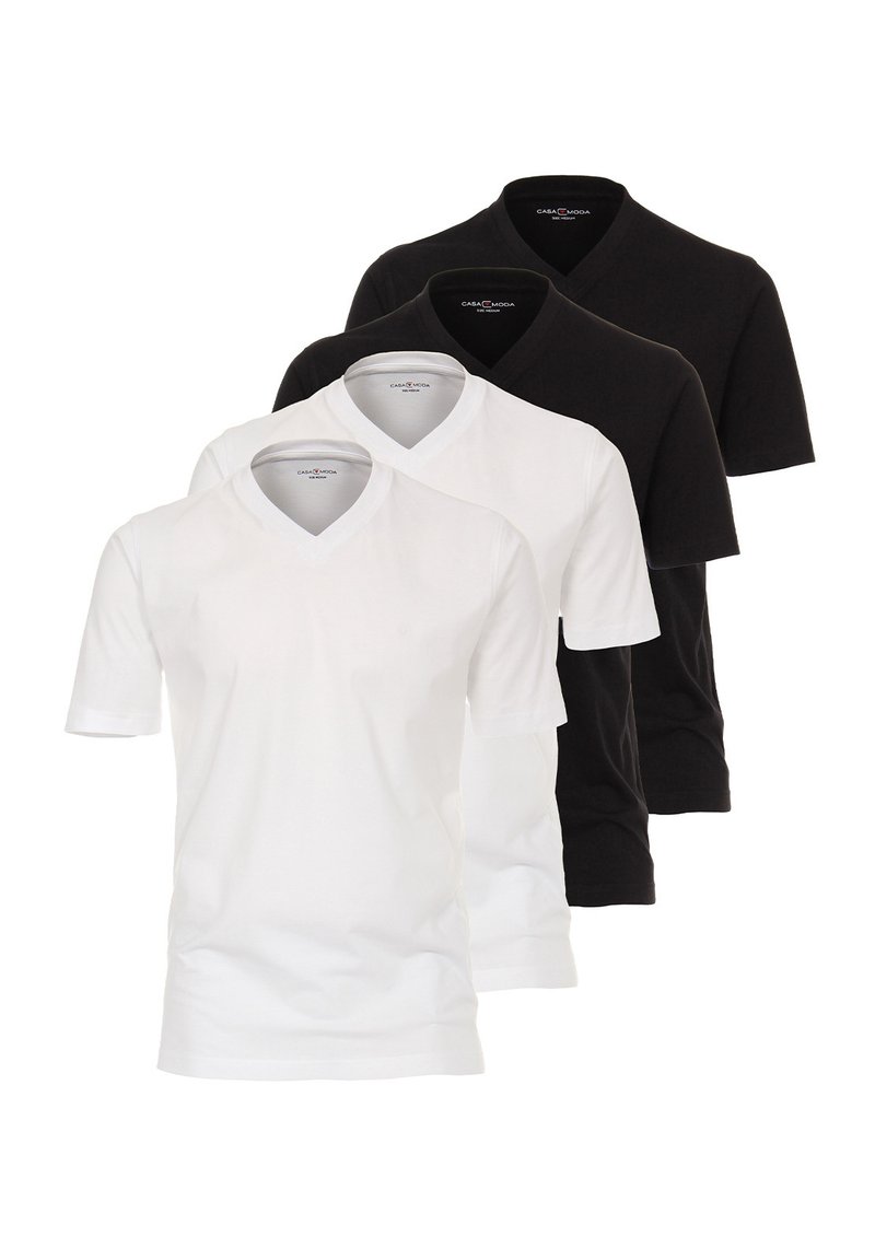 Quattro t-shirt a collo a V in bianco, nero e grigio. Maniche corte, materiale in cotone, design senza etichetta, texture liscia, stile semplice e classico.