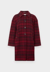 Red plaid coat made of wool fabric, featuring a collar, button closures, and two front pockets. Loose fit and mid-length design.