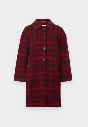 Red plaid coat made of wool fabric, featuring a collar, button closures, and two front pockets. Loose fit and mid-length design.