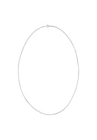 Sølv kæde halskæde med et slankt, tyndt design. Har en rund lukning, glat tekstur og en subtile glans. Ingen udsmykninger eller mønstre.