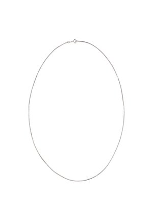 Ezüst lánc nyaklánc, letisztult, vékony dizájnnal. Kör alakú zár, sima felület és diszkrét fény jellemzi. Nincsenek díszítések vagy minták.