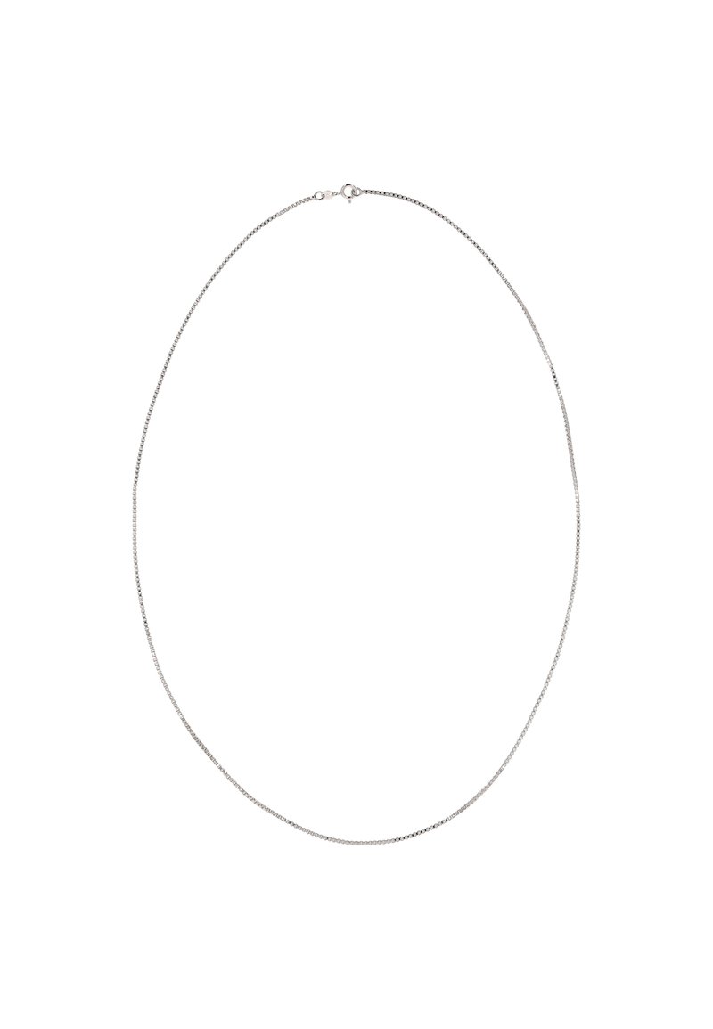 Sølv kæde halskæde med et slankt, tyndt design. Har en rund lukning, glat tekstur og en subtile glans. Ingen udsmykninger eller mønstre.
