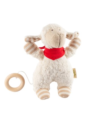 Plush sheep toy with textured cream body, striped beige arms, red scarf, and wooden ring attachment for play. Features soft, safe materials.