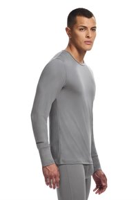 Gray long-sleeve shirt made of smooth material with a crew neck. Features logo on the left sleeve and close-fitting design.