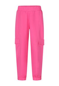 Pantaloni felpati rosa brillante con vita elastica, polsini aderenti e due tasche cargo anteriori per una funzionalità aggiuntiva.