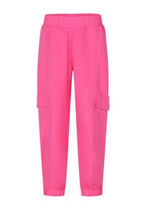 Pantaloni felpati rosa brillante con vita elastica, polsini aderenti e due tasche cargo anteriori per una funzionalità aggiuntiva.