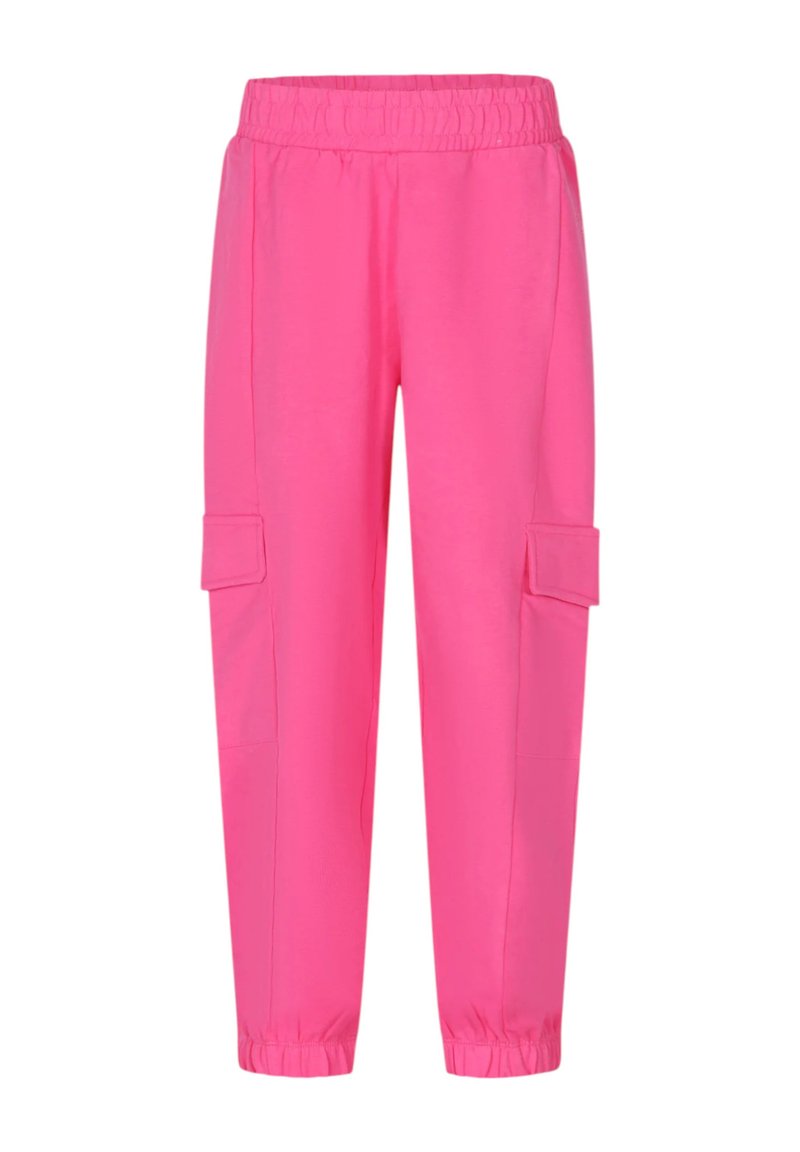 Pantaloni felpati rosa brillante con vita elastica, polsini aderenti e due tasche cargo anteriori per una funzionalità aggiuntiva.