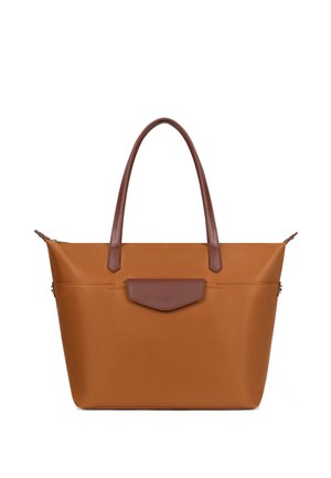 Borsa a tracolla marrone con doppi manici marrone scuro e tasca frontale con patta, su sfondo bianco.