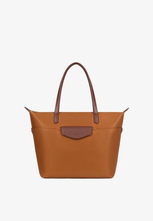 Borsa a tracolla marrone con doppi manici marrone scuro e tasca frontale con patta, su sfondo bianco.