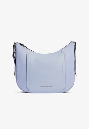 Hellblaues Leder-Hobo-Tasche mit Reißverschluss, verstellbarem Riemen und "Piquadro" Metalllogo in der vorderen Mitte.