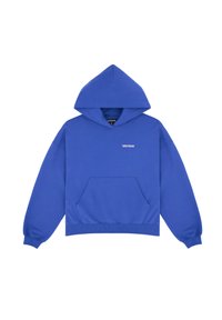 Felpa blu in tessuto misto cotone, con tasca frontale, cappuccio con coulisse e un piccolo logo bianco sul petto. Polsini e orlo a coste.