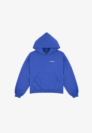 Blauwe hoodie van een katoenmix, met een voorzak, een capuchon met trekkoorden en een klein wit logo op de borst. Geribbelde manchetten en zoom.