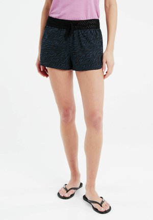 Shorts de bain à motif zèbre noir et bleu avec une taille en crochet noir texturé et un cordon de serrage ajustable. Les shorts sont de longueur mi-cuisse.