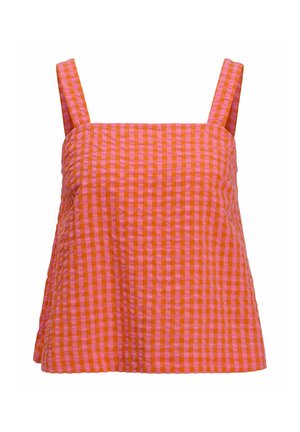 Ärmlös topp med fyrkantig halsringning, tillverkad av texturerad tyg i en rutigt mönster av rosa och orange nyanser.