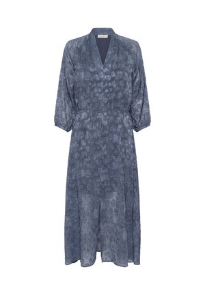 Robe bleue à motifs, avec des manches longues, un décolleté en V et des fentes. Fabriquée en tissu léger avec une texture subtile.