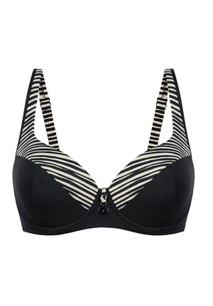 Biustonosz w czarno-białe paski z fiszbinami, regulowanymi paskami w paski oraz małym ozdobnym zawieszka na środku.