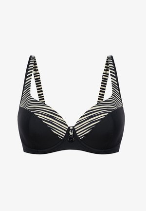 Biustonosz w czarno-białe paski z fiszbinami, regulowanymi paskami w paski oraz małym ozdobnym zawieszka na środku.