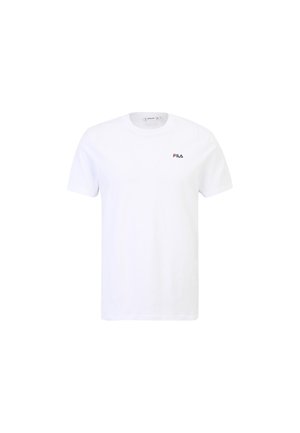 Vit bomull t-shirt med rund halsringning, korta ärmar och en liten röd och marinblå logotyp på vänster bröst. Slät textur och enkel design.