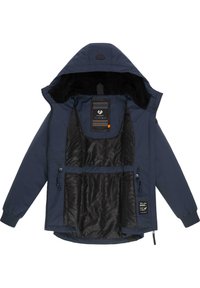 Veste bleu marine avec capuche, doublure intérieure noire douce et poches intérieures. Tissu texturé avec fermetures éclair et tirettes, conçue pour le confort.
