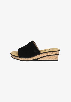 Black suede slide sandal with a cork wedge base. Features a smooth, padded footbed and a black logo accent on the side.