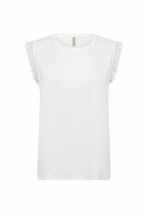 Haut blanc sans manches avec encolure ronde et délicate bordure en dentelle sur les bords des épaules, design uni à l'avant.